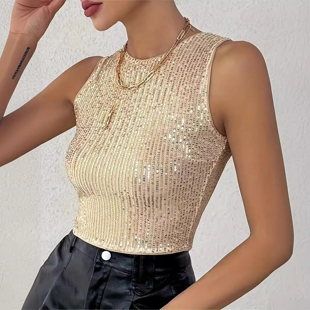 Vivara Women's Sequin Glitter Top | Round Neck Pailletten Going Out Top | Party & Evening Wear