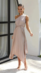 Audrine Women's Satin One Shoulder Midi Dress | Draped Twist Asymmetric | Evening & Smart Casual