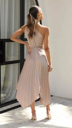 Audrine Women's Satin One Shoulder Midi Dress | Draped Twist Asymmetric | Evening & Smart Casual
