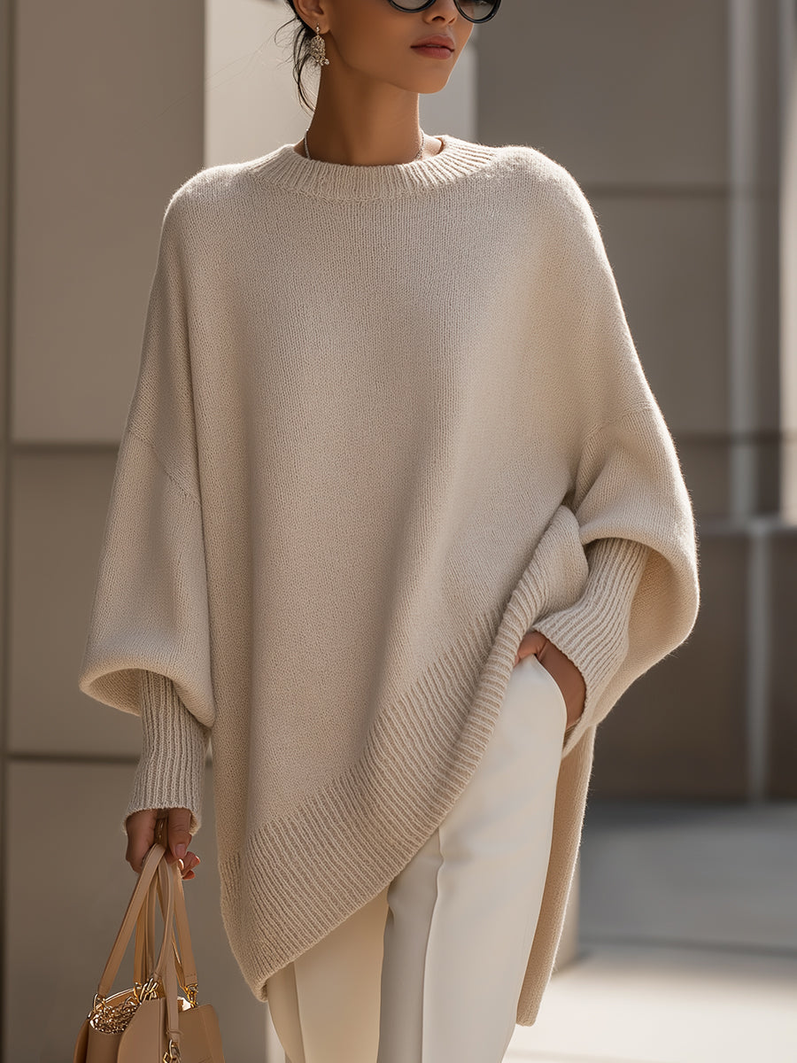 Women's Oversized Batwing Knit Jumper | Asymmetric Hem Cashmere Blend Pullover | Smart Casual Knitwear