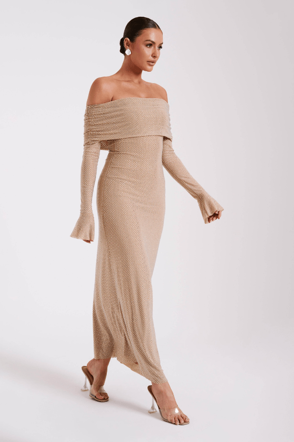 Jada Women's Rhinestone Mesh Off Shoulder Maxi Dress | Embellished Long Sleeve | Evening & Occasion