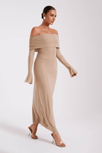 Jada Women's Rhinestone Mesh Off Shoulder Maxi Dress | Embellished Long Sleeve | Evening & Occasion