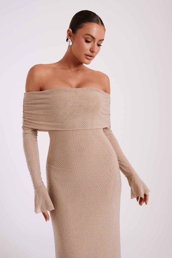 Jada Women's Rhinestone Mesh Off Shoulder Maxi Dress | Embellished Long Sleeve | Evening & Occasion