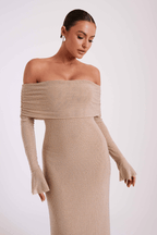 Jada Women's Rhinestone Mesh Off Shoulder Maxi Dress | Embellished Long Sleeve | Evening & Occasion