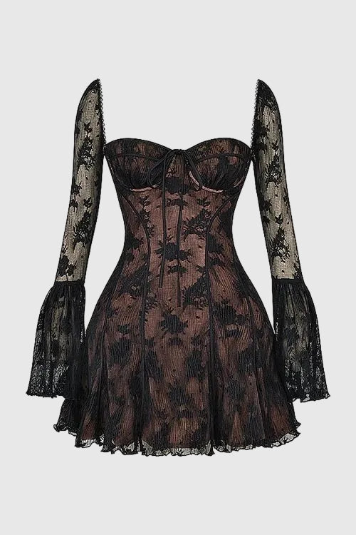 Amaya Women's Lace Corset Mini Dress | Floral Bell Sleeve Going Out Dress | Evening & Smart Casual