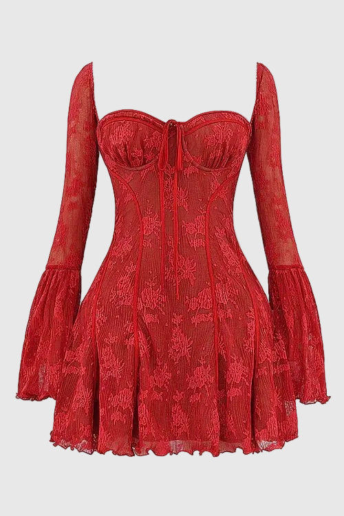 Amaya Women's Lace Corset Mini Dress | Floral Bell Sleeve Going Out Dress | Evening & Smart Casual