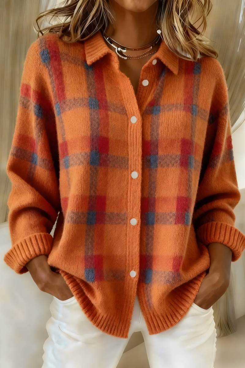 Women's Check Knit Cardigan | Collared Button-Through Plaid Jumper | Casual Everyday Knitwear