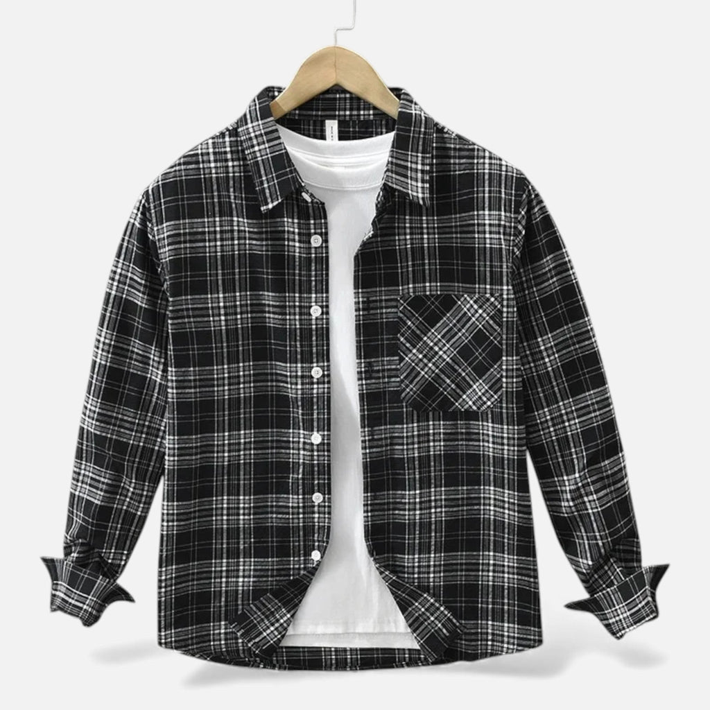 Men’s Plaid Long-Sleeve Loose Shirt with Pocket
