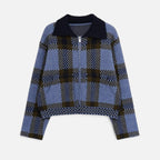 Women’s Plaid Knitted Zipper Jacket with Turn-Down Collar