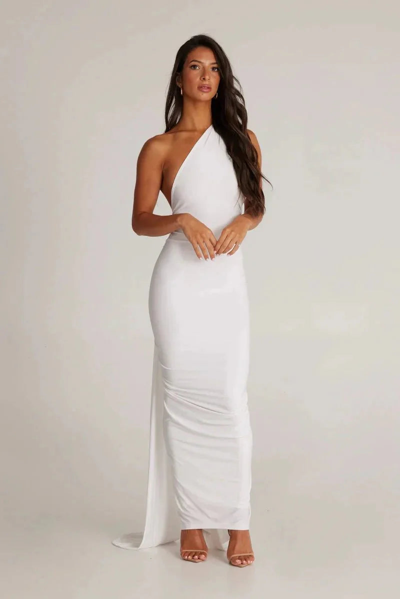 Gwynn Women's One Shoulder Bodycon Maxi Dress | Ruched Open Back Going Out Dress | Evening & Occasion
