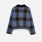 Women’s Plaid Knitted Zipper Jacket with Turn-Down Collar