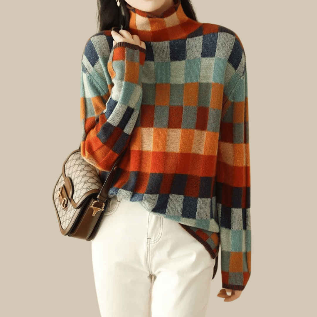 Kayleigh Women's Cashmere Blend Patchwork Turtleneck Sweater | Luxury Knit Jumper for Women | Smart Casual Everyday Knitwear