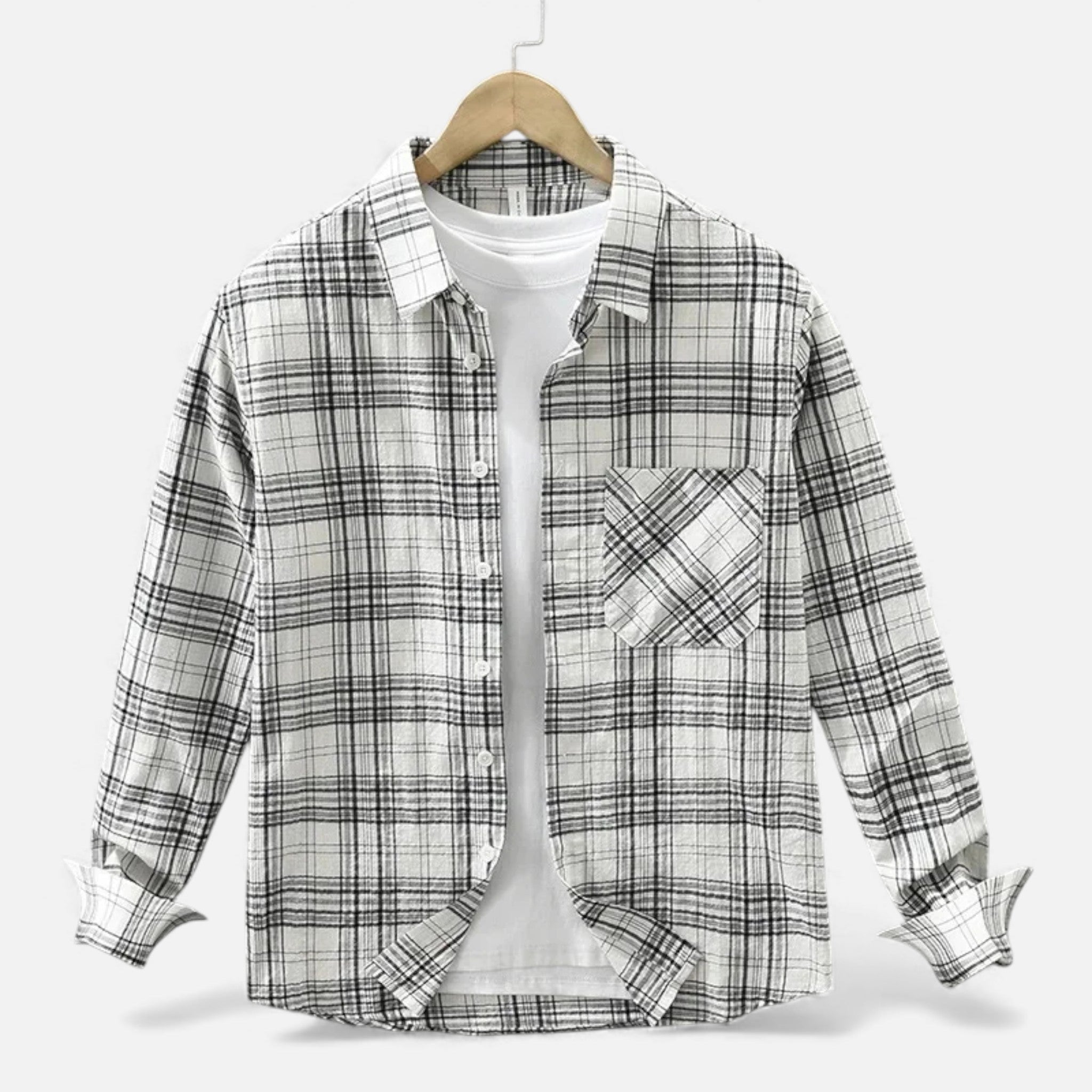 Men’s Plaid Long-Sleeve Loose Shirt with Pocket