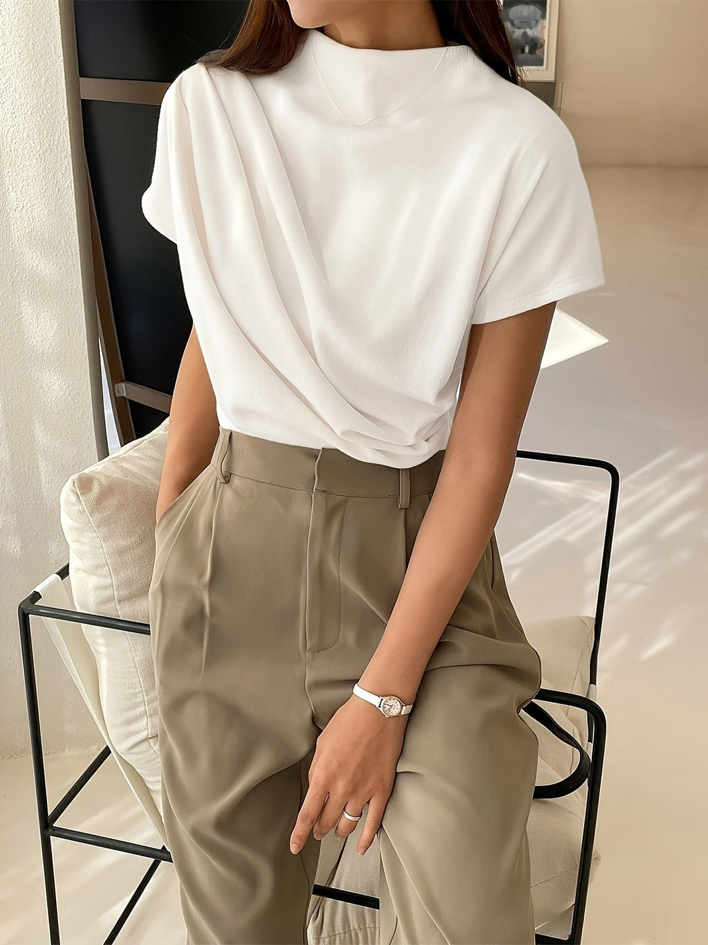 Rubie Women's Draped Mock Neck Top | Ruched Asymmetric Everyday Top | Smart Casual & Going Out