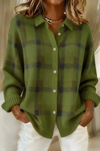 Women's Check Knit Cardigan | Collared Button-Through Plaid Jumper | Casual Everyday Knitwear