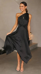 Audrine Women's Satin One Shoulder Midi Dress | Draped Twist Asymmetric | Evening & Smart Casual