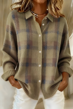 Women's Check Knit Cardigan | Collared Button-Through Plaid Jumper | Casual Everyday Knitwear