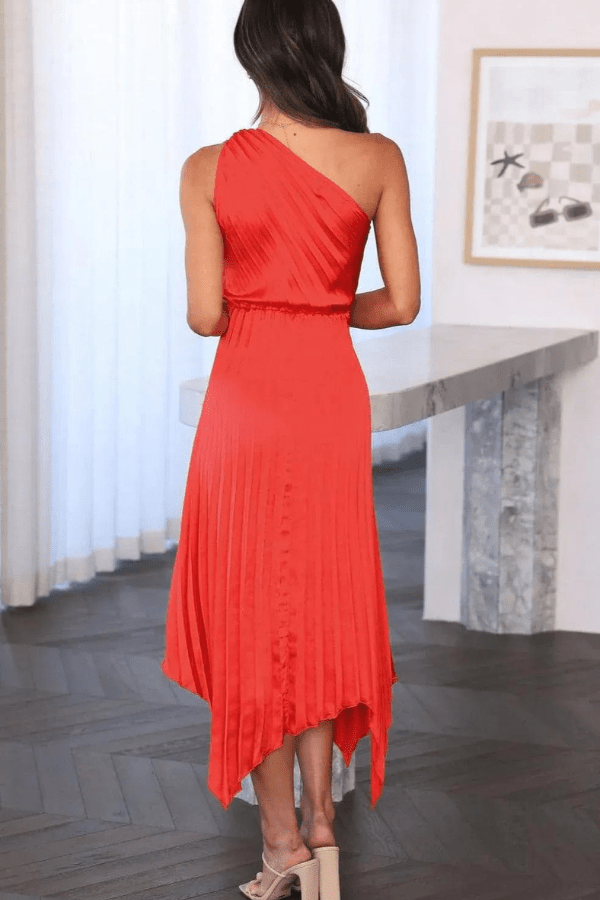 Audrine Women's Satin One Shoulder Midi Dress | Draped Twist Asymmetric | Evening & Smart Casual