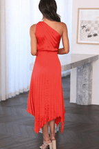 Audrine Women's Satin One Shoulder Midi Dress | Draped Twist Asymmetric | Evening & Smart Casual