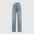 Zayla Women's Crossover Waistband Jeans | Straight Leg Asymmetric Denim | Everyday Statement Jean