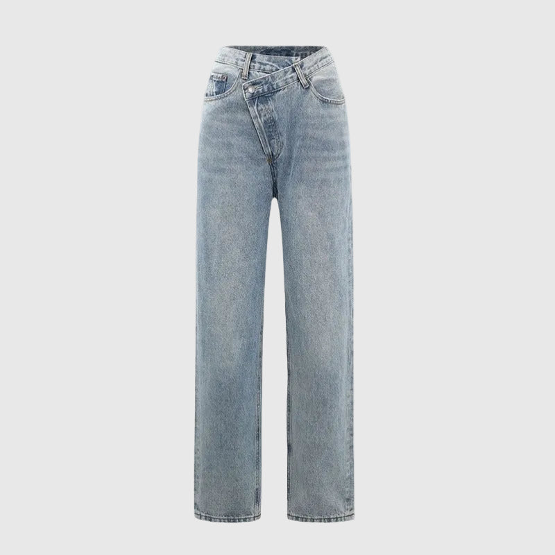 Zayla Women's Crossover Waistband Jeans | Straight Leg Asymmetric Denim | Everyday Statement Jean