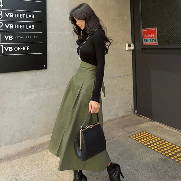 Chantel Women's High Waist Midi Skirt | Pleated A-Line Bow Detail | Smart Casual Statement Skirt