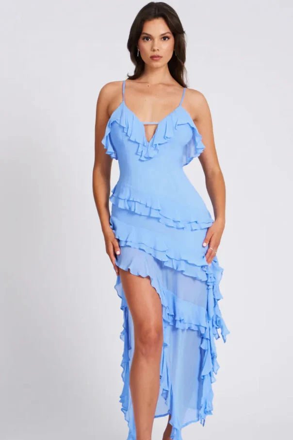 Aiah Women's Chiffon Ruffle Tiered Midi Dress | Asymmetric Going Out Dress | Evening & Casual