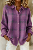 Women's Check Knit Cardigan | Collared Button-Through Plaid Jumper | Casual Everyday Knitwear