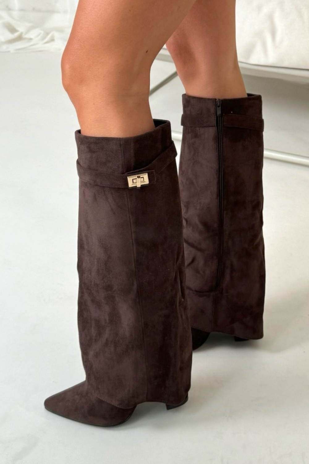 Zohra Women's Faux Suede Knee-High Boots with Flap | Block Heel Fold-Over Boots for Women