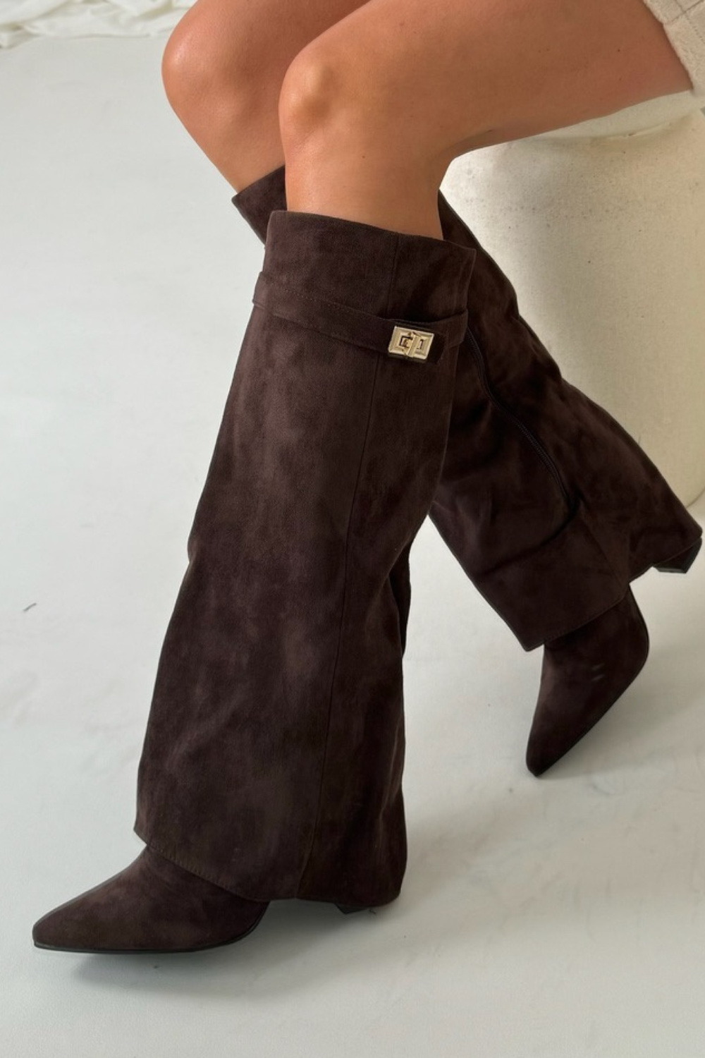 Zohra Women's Faux Suede Knee-High Boots with Flap | Block Heel Fold-Over Boots for Women