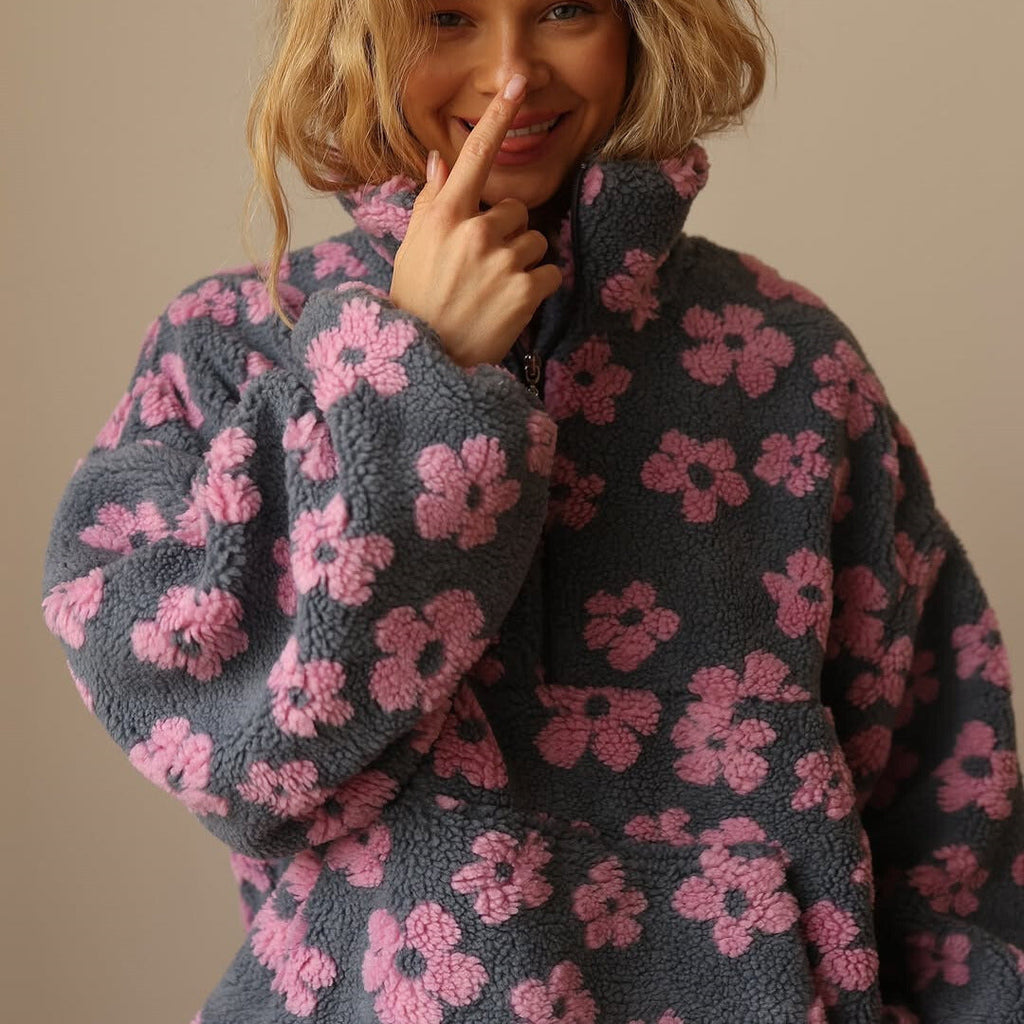 Women's Floral Sherpa Pullover | Oversized Teddy Fleece Quarter-Zip Jumper | Cosy Casual Knitwear