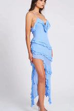 Aiah Women's Chiffon Ruffle Tiered Midi Dress | Asymmetric Going Out Dress | Evening & Casual