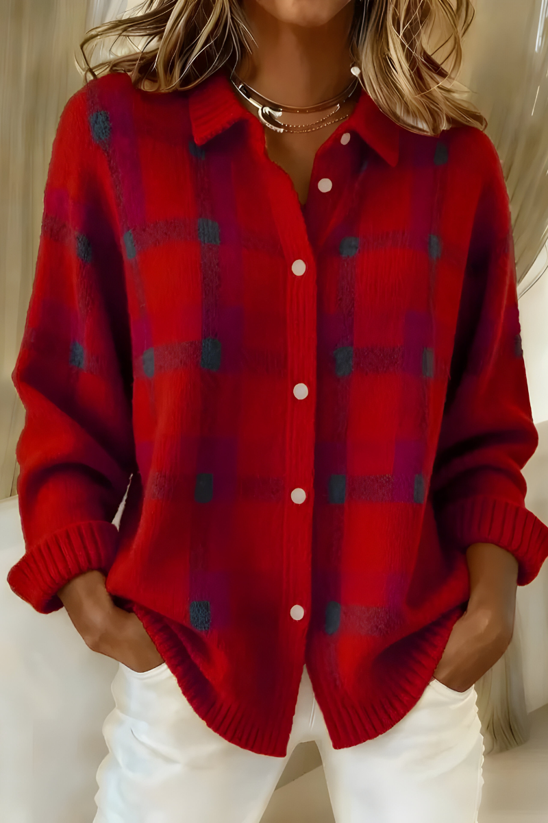 Women's Check Knit Cardigan | Collared Button-Through Plaid Jumper | Casual Everyday Knitwear