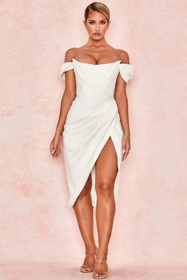 Lexana Women's Off Shoulder Corset Midi Dress | Wrap Split Going Out Dress | Evening & Occasion