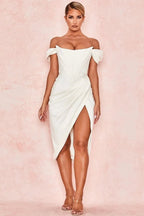 Lexana Women's Off Shoulder Corset Midi Dress | Wrap Split Going Out Dress | Evening & Occasion