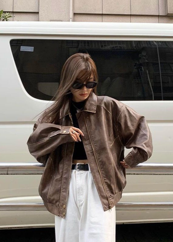 Nova Women's Oversized Brown Faux Leather Biker Jacket | Vintage Streetwear Moto Jacket for Women