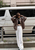 Nova Women's Oversized Brown Faux Leather Biker Jacket | Vintage Streetwear Moto Jacket for Women