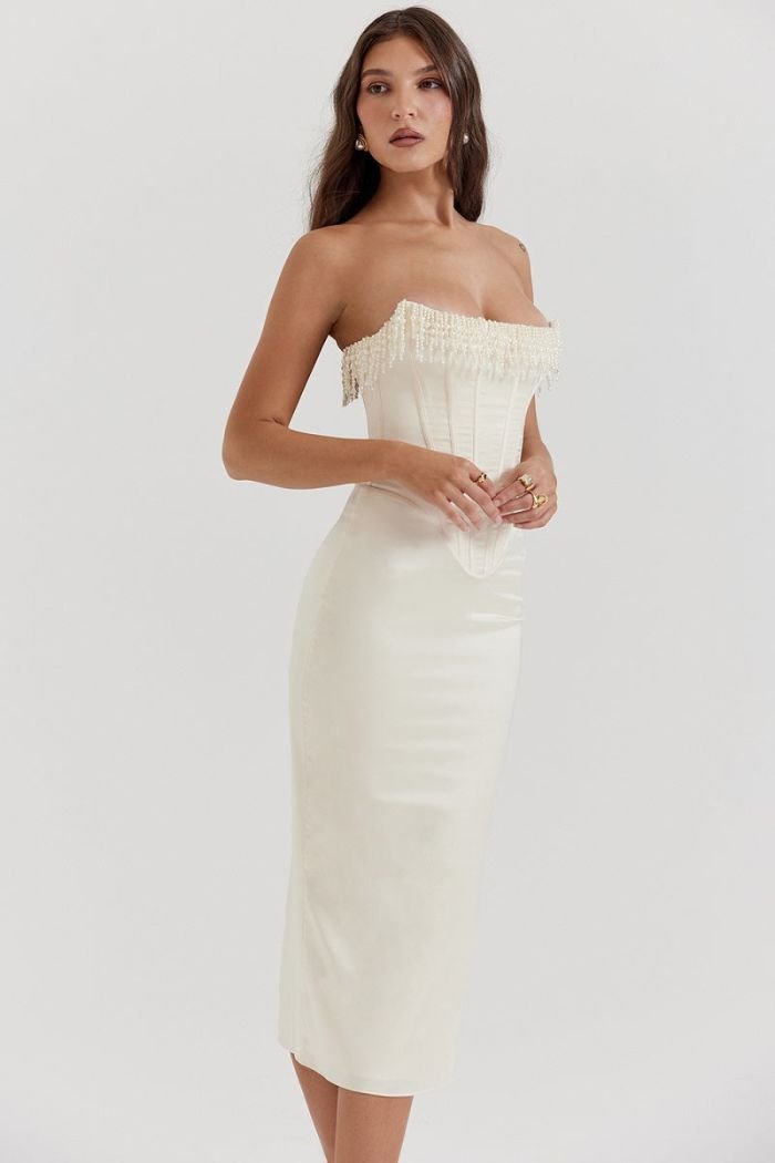 Sharlene Women's Satin Bodycon Midi Dress | Going Out Occasion Dress | Wedding Guest & Evening