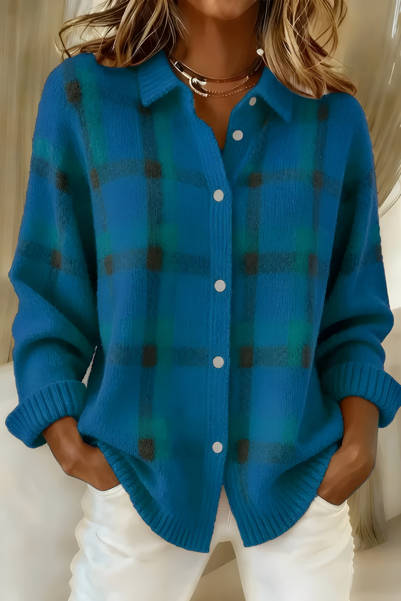 Women's Check Knit Cardigan | Collared Button-Through Plaid Jumper | Casual Everyday Knitwear