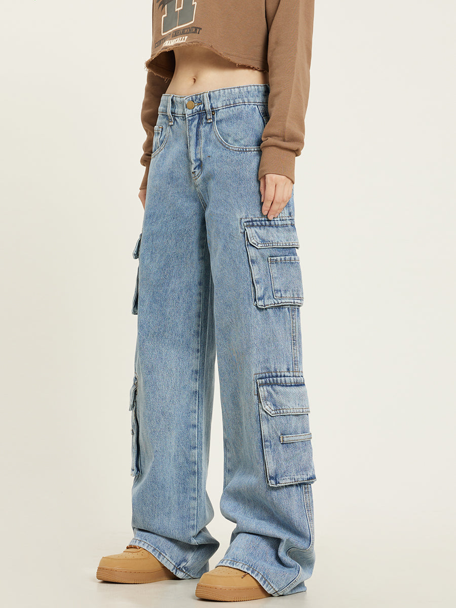 Lena Women's Multi-Pocket Cargo Jeans | Wide Leg Utility Denim | Casual Streetwear Everyday Jean