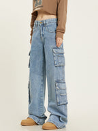 Lena Women's Multi-Pocket Cargo Jeans | Wide Leg Utility Denim | Casual Streetwear Everyday Jean