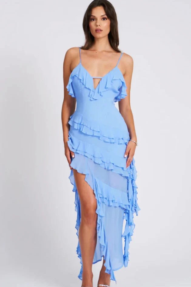 Aiah Women's Chiffon Ruffle Tiered Midi Dress | Asymmetric Going Out Dress | Evening & Casual