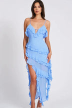 Aiah Women's Chiffon Ruffle Tiered Midi Dress | Asymmetric Going Out Dress | Evening & Casual