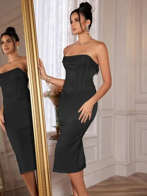Sharlene Women's Satin Bodycon Midi Dress | Going Out Occasion Dress | Wedding Guest & Evening