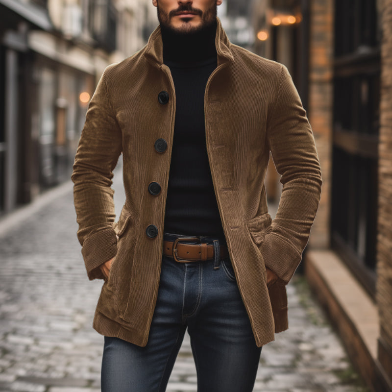 Emerson Men's Corduroy Velvet Coat – Slim Fit with Stand-up Collar & Elegant Side Pockets