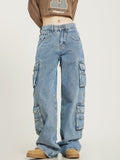 Lena Women's Multi-Pocket Cargo Jeans | Wide Leg Utility Denim | Casual Streetwear Everyday Jean