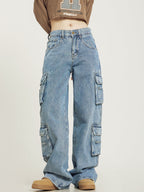 Lena Women's Multi-Pocket Cargo Jeans | Wide Leg Utility Denim | Casual Streetwear Everyday Jean