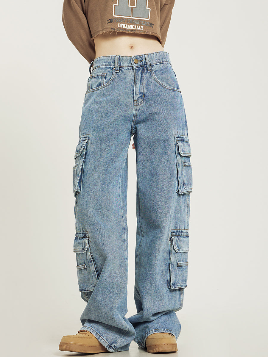 Lena Women's Multi-Pocket Cargo Jeans | Wide Leg Utility Denim | Casual Streetwear Everyday Jean