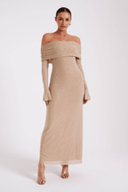 Jada Women's Rhinestone Mesh Off Shoulder Maxi Dress | Embellished Long Sleeve | Evening & Occasion