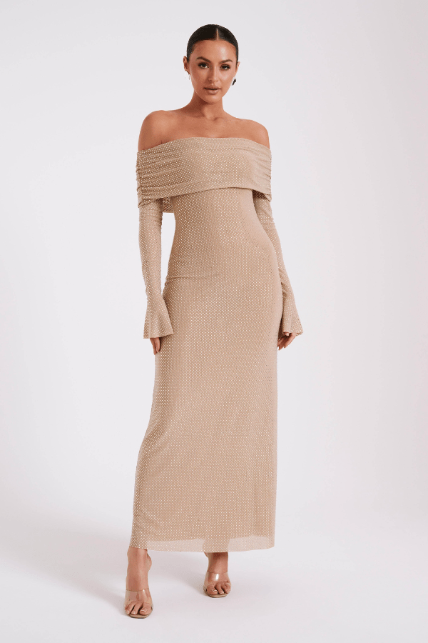 Jada Women's Rhinestone Mesh Off Shoulder Maxi Dress | Embellished Long Sleeve | Evening & Occasion